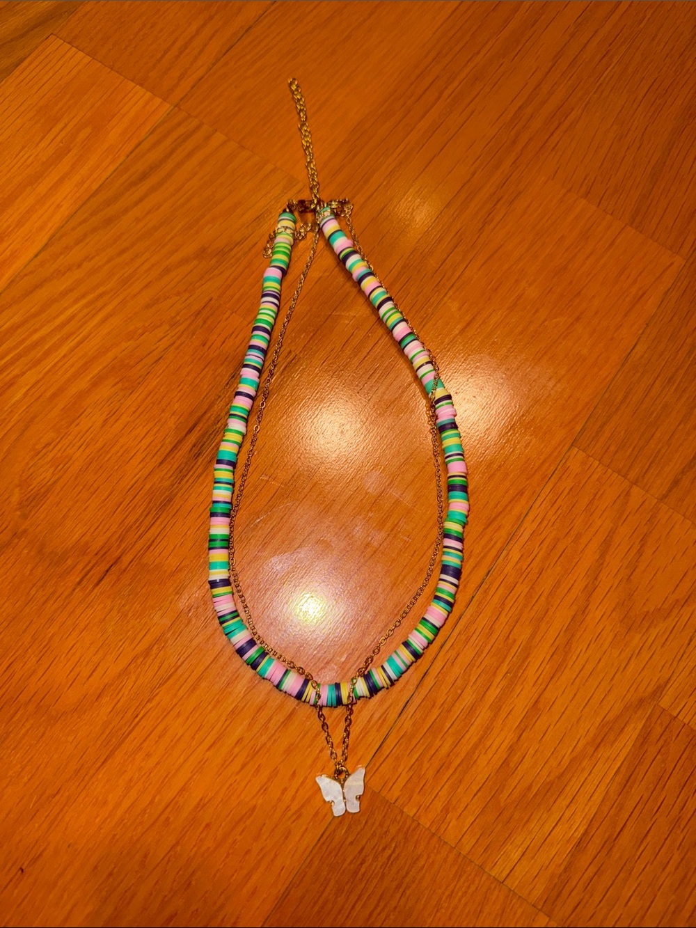 Free People Multicolor Disc Bead Necklace with Butterfly Charm - Gold Tone